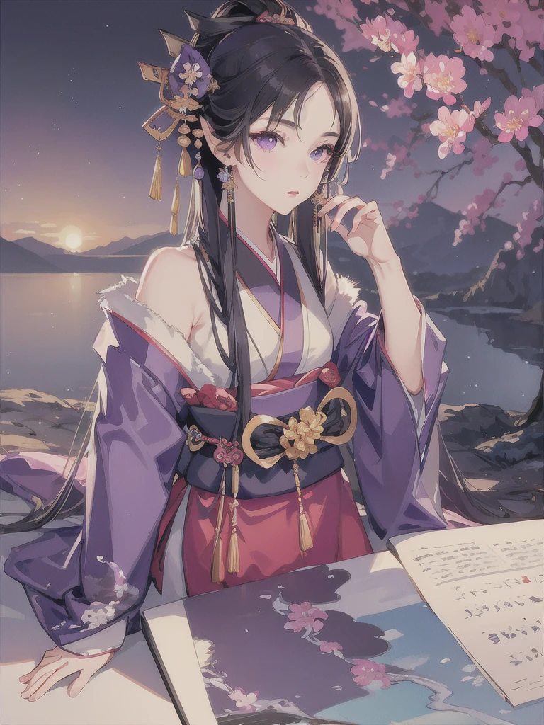 masterpiece, Highest quality, One girl, Super detailed, 超High resolution, cute, Long pointy ears, Fairy, Nice face,Black Hair, Purple eyes, High resolution, kimono, In the same way, Impressionism