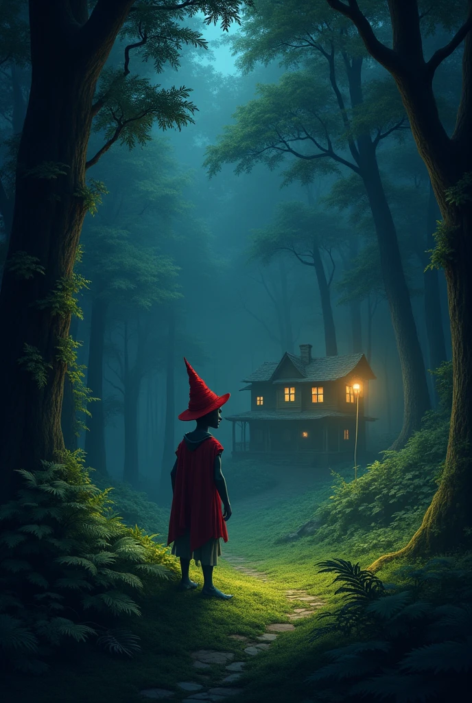 A saci, in the middle of the forest looking at a house at night