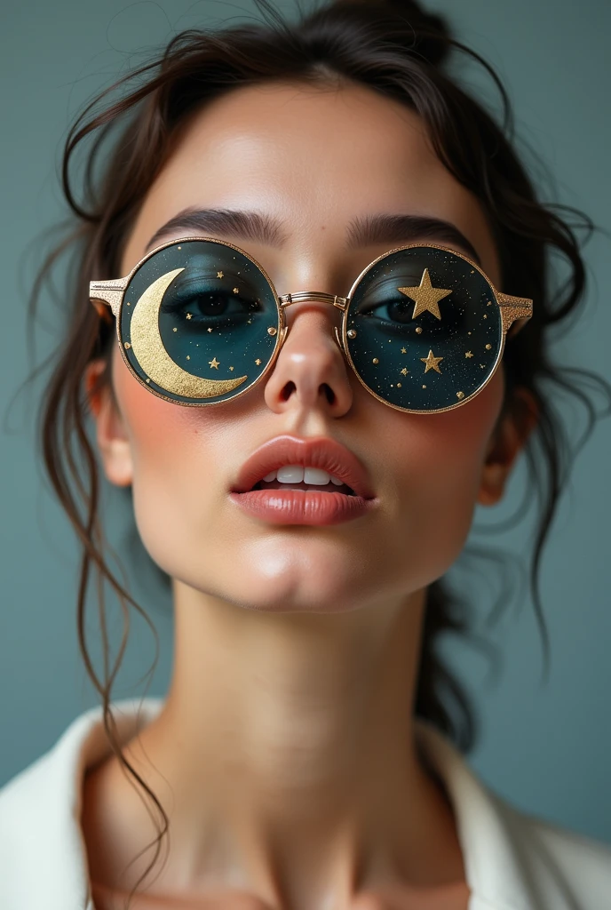 The model is wearing glass sunglasses with stars and the moon on the glass