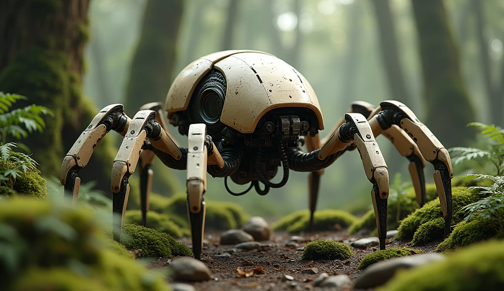 Spider-brained robot、Detailed skin、Actual item、in the forest、moss、Neutral Armor