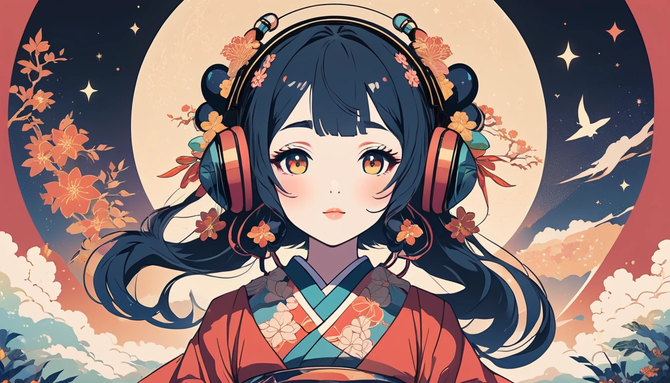 Japanese style headphones、Oiran、Wide-angle lens, Lofi Anime, Lofi illustration, Aesthetic atmosphere, Lo-Fi Style, Vector art, Flat Design, Simple shape, Warm tones, Pleasant atmosphere, Chill, In anime style, Digital drawing, Vector art, Vector logo for t-shirt printing, (Adorable:1.5), (small:1.4), (Playful:1.2), (soft:1.3), (Whimsical:1.1), masterpiece, Highest quality, 8k, Intricate details, grow, Celestial, Mysterious, Picturesque, amazing, Majestic, Magic, Fantasy art, Cover art, dream-like