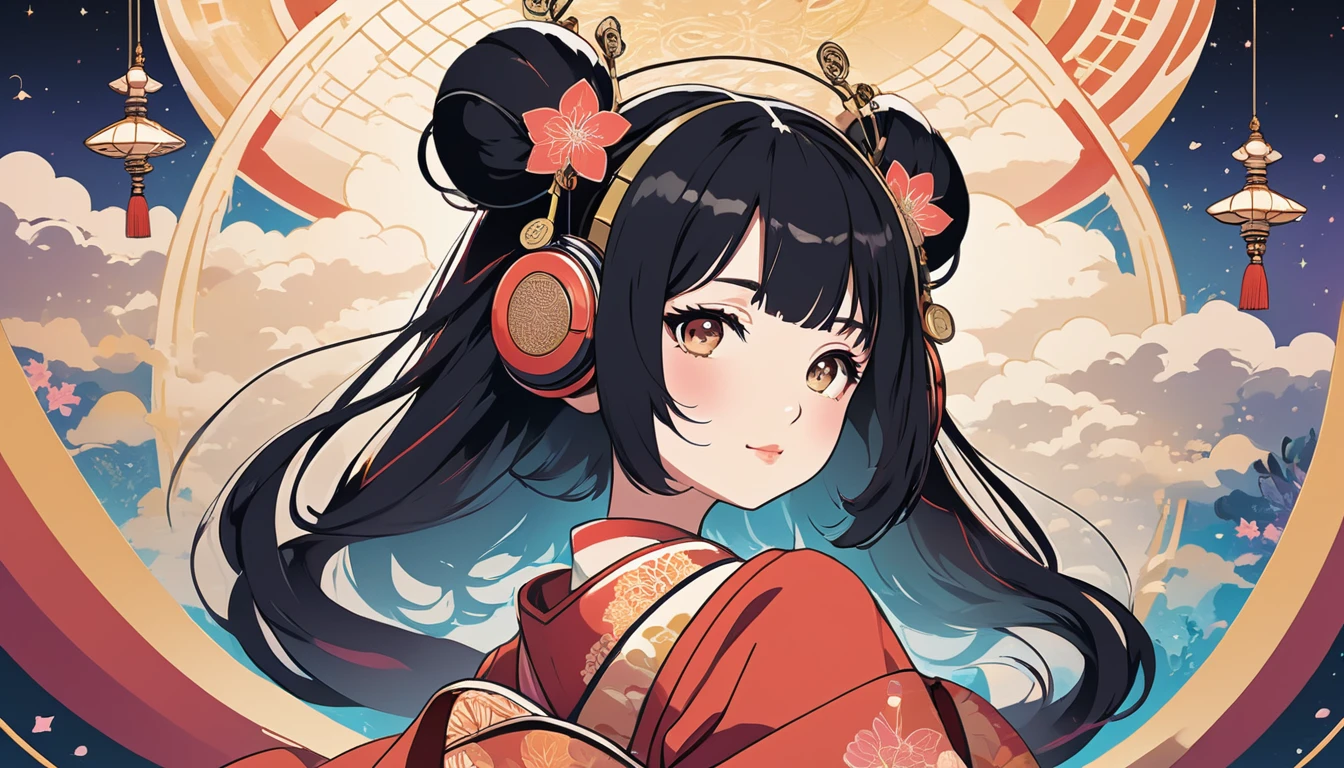 Japanese style headphones、Oiran、Wide-angle lens, Lofi Anime, Lofi illustration, Aesthetic atmosphere, Lo-Fi Style, Vector art, Flat Design, Simple shape, Warm tones, Pleasant atmosphere, Chill, In anime style, Digital drawing, Vector art, Vector logo for t-shirt printing, (Adorable:1.5), (small:1.4), (Playful:1.2), (soft:1.3), (Whimsical:1.1), masterpiece, Highest quality, 8k, Intricate details, grow, Celestial, Mysterious, Picturesque, amazing, Majestic, Magic, Fantasy art, Cover art, dream-like