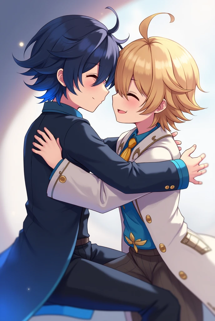 A boy who was a little blond but brown at the same time with a robe-like suit on the outside and a blue shirt on the inside, a dark-haired boy with blue hair hugging him genshin