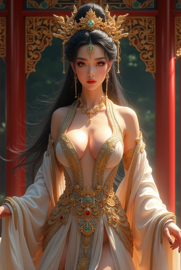 (Large Breasts)、Highest quality、masterpiece、Ultra-high resolution、(Shrine maiden)、(((huge tits))),Gold feather、(((Detailed God's Garment))),(Beautiful sacred objects made from jewels),(Photorealistic:1.4)、RAW Photos、1 person、(((Random Hair))、(((Take various poses)))、Beautiful black hair、Glowing Skin、(((arctic fox)))、Intricate and gorgeous hair ornaments、Large Breasts、goddess、Beauty、(Mystical Expressions)、(Full body angle)、(Nine-Tailed Fox)、(Japanese Shrines)(((Mysterious mountain))),、(torii)、(Ancient ruins background)、((Ultra-Realistic Details))、Portrait、Global Illumination、(Sexy pose)、Shadow、Octane Rendering、(One-eyed scouter)、8k、Super sharp、huge 、Bare skin exposed in the cleavage、Metal、Intricate decorative details、More about Japan、Very intricate details、Realistic Light、CGSoation Trend、blue eyes、Shining Eyes、To the camera、Toostook、(Full body angle)、(Veil)、