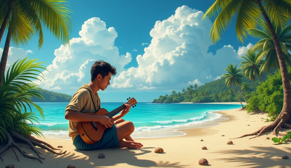1 man playing ukulele on the street, Avai beach, Japanese shells under flight, masterpiece, best quality, broad view, photorealistic, detailed lighting, cinematic, vibrant colors, warm tones, natural sunlight, detailed wooden ukulele, intricate clothing folds, stunning scenery, lush tropical foliage, dramatic clouds, dynamic composition