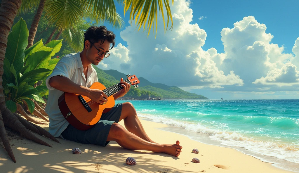 1 man playing ukulele on the street, Avai beach, Japanese shells under flight, masterpiece, best quality, broad view, photorealistic, detailed lighting, cinematic, vibrant colors, warm tones, natural sunlight, detailed wooden ukulele, intricate clothing folds, stunning scenery, lush tropical foliage, dramatic clouds, dynamic composition