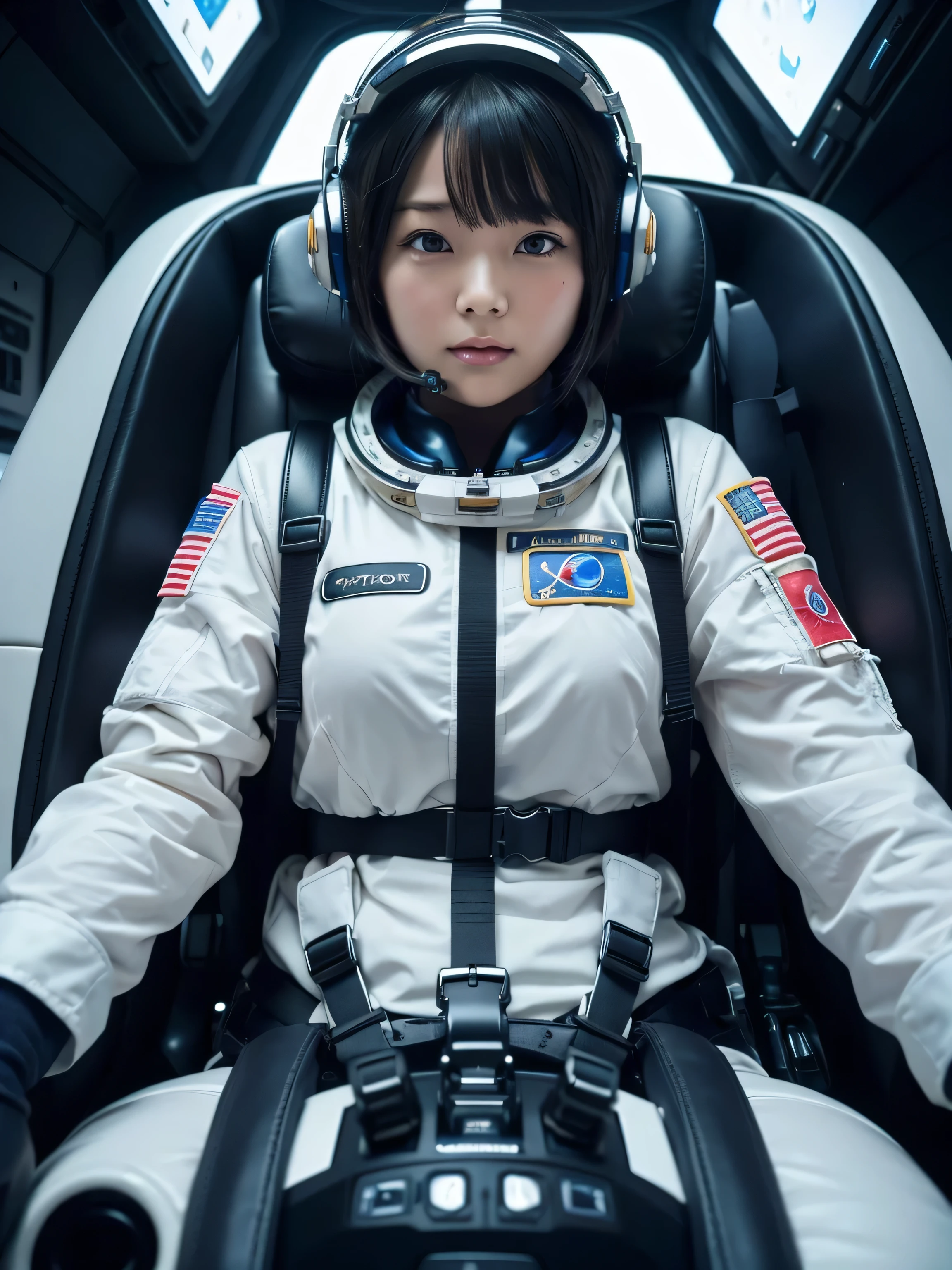 masterpiece, Highest quality, Very detailed, Japanese Android girl, Beautiful 2 Japanese woman, Plump,Control panel,Android,cyborg,Blunt bangs,Sitting in the cockpit of a spaceship and piloting it,The control stick is in the center of the seat.,astronaut,Restrained to the seat by a thick harness,Full-face helmet,Oxygen mask with regulator,
