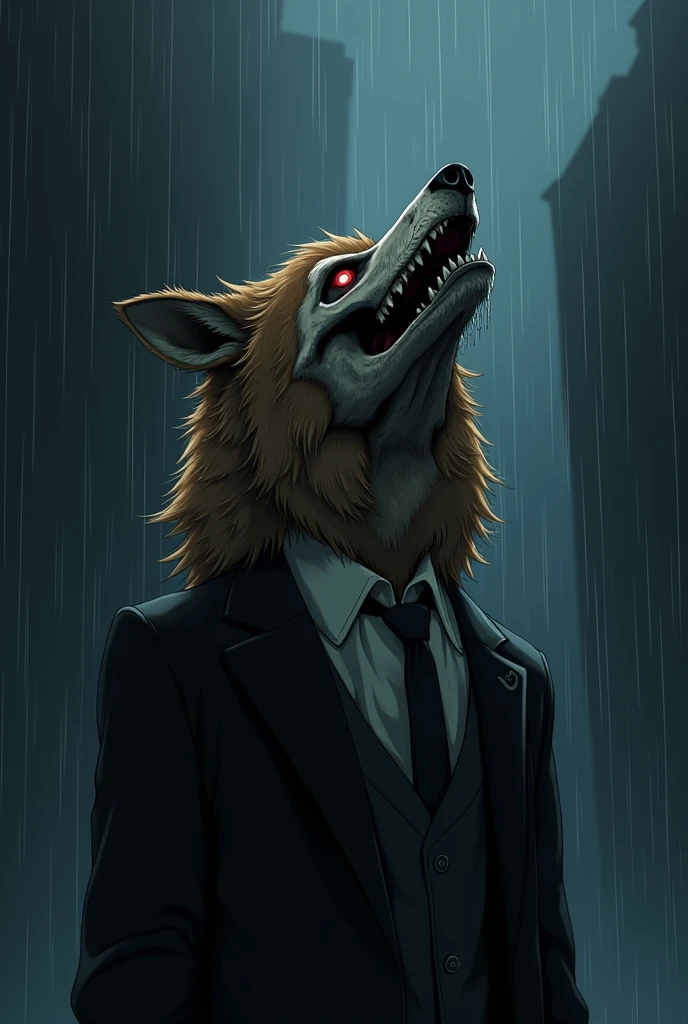 brown fur wolf, with the skull for a face, with red eyes wearing formal suit, Looking up crying, in the night rain 2D anime style