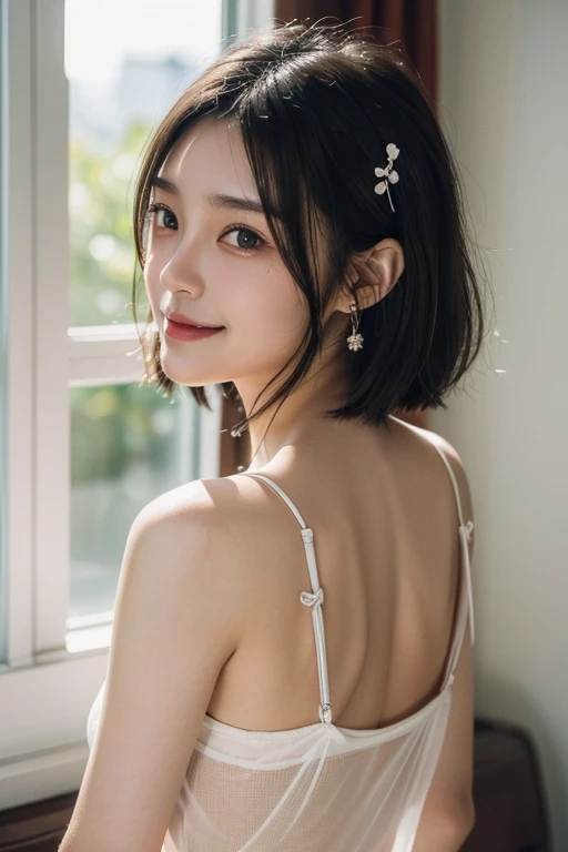 (2 Japanese girl,), (Small breasts:1.5,),(solo,,Textured skin, Detailed skin,Detailed face,Detailed eyes,detailed posing,Natural eyebrows,Sparkling Eyes,High detail, Highest quality, Super detailed, Surrealism, ,8k,RAW Photos,Photographicism,Professional Lighting,Portrait Photography,Soft Light),((Black Hair, Natural Makeup,Simple earrings, Bob Hair,ribbon,Smiling)),(((See-through camisole,Lighting from behind,Backlight,Window)))
