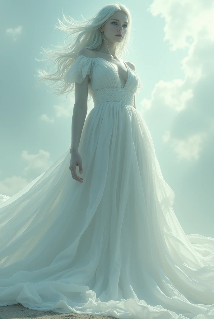 Giant girl, long white dress,looking at the viewer 