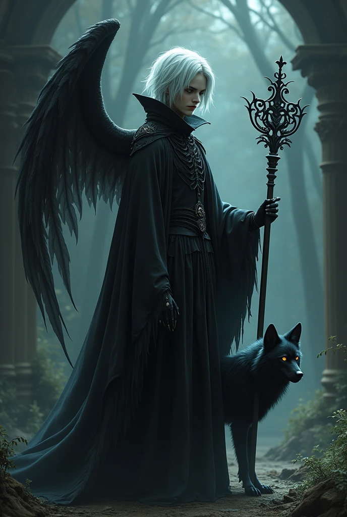 Gothic emo femboy dark wizard with skeleton wing, he has vampire fangs and he has a dark wolf made of darkness that is always with him, he also has a scepter