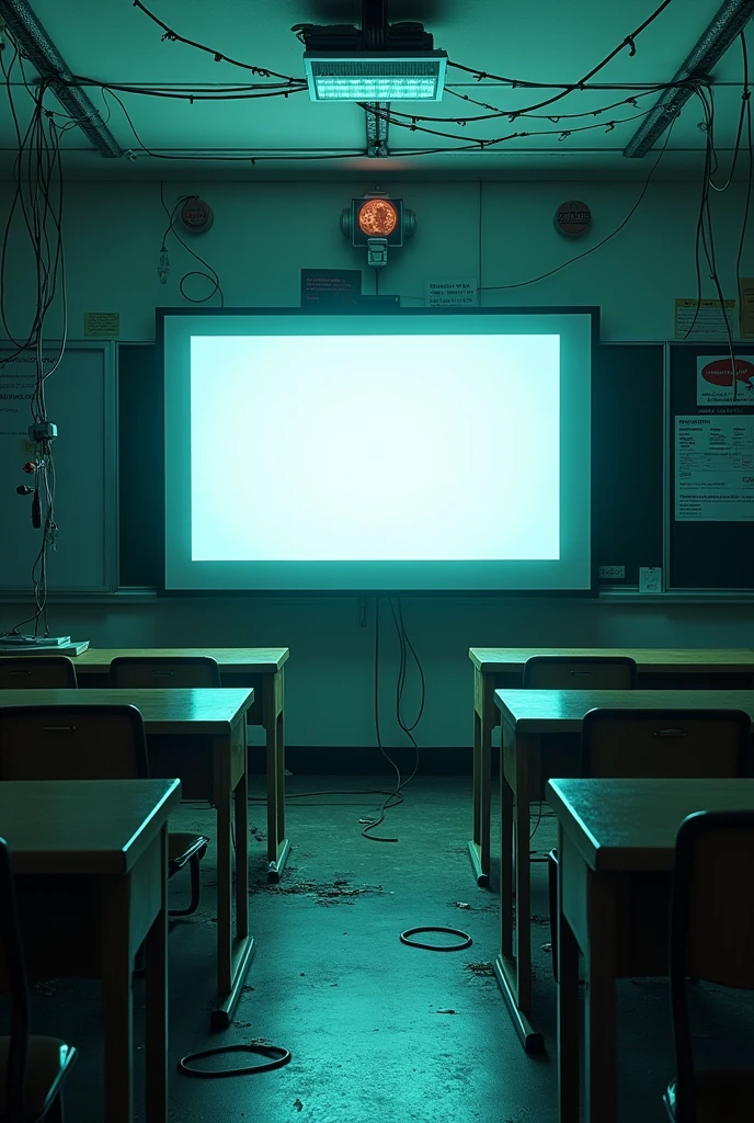 It shows a classroom, but part of it has exposed electricity wires with a full screen.