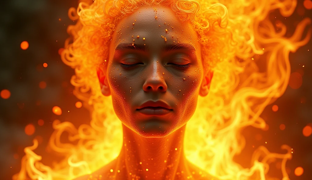 thin face, eyes closed, fire around the face, power enveloping the image, realistic, high quality, particles coming out all over the image, flames everywhere, high quality, 4k