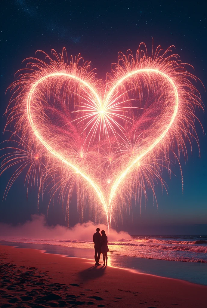 Fireworks explosion forming "do you want to date me??" at beach