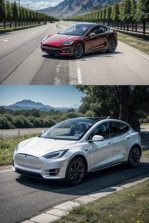 Stunning images of Tesla vehicles in different environments, solar panels generating energy, smart cities.