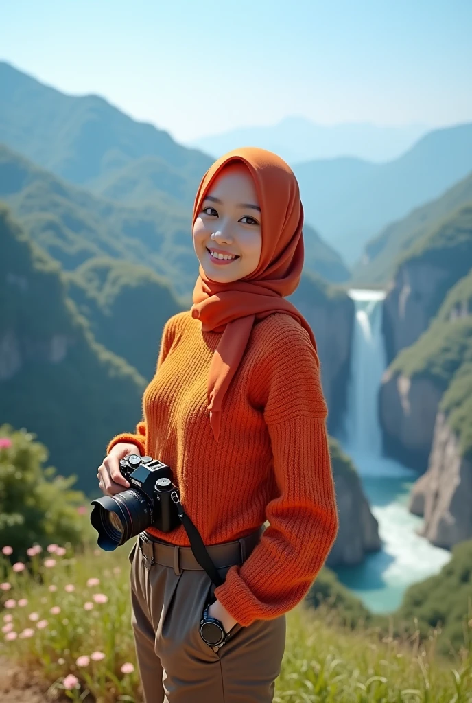 beautiful Korean girl, smooth white skin, well-groomed face, faint smile, hijab (red-orange), knitted clothes (orange-red), brown cropped pants, cool black watch, posing standing while holding a camera, at the top of a very high mountain, with very beautiful scenery details, under the clear blue sky, the background from above is a river flowing rapidly from a waterfall.. Trees, green and wide rice fields, cliffs covered with beautiful flowers blooming in various colors