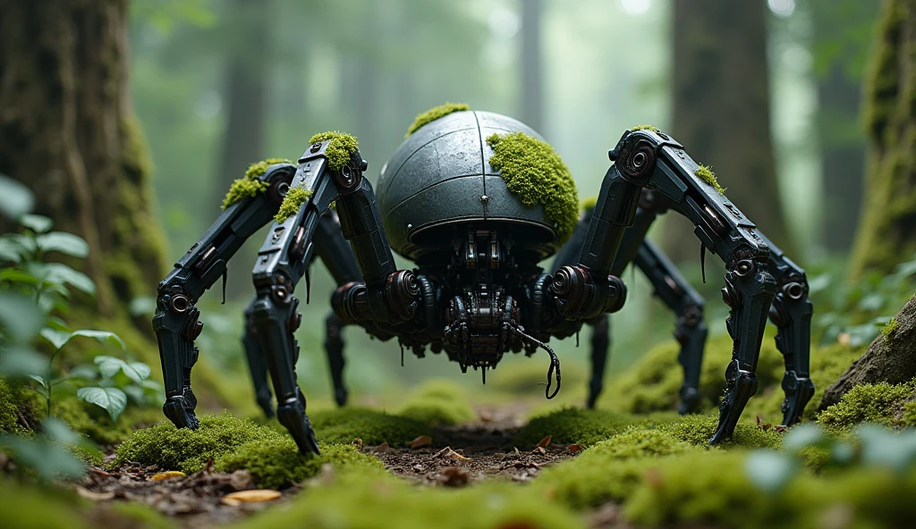 Spider-brained robot、Detailed skin、Actual item、in the forest、moss、Medieval Armor