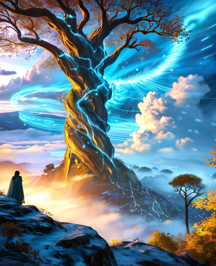 Surreal, fantasy-style digital artwork featuring a mystical landscape. The layout centers on a large, ancient tree with gnarled branches and golden leaves, standing atop a rocky hill. Beside the tree is a spectral figure shrouded in a flowing, ethereal cloak, emitting a radiant blue aura. The background is filled with swirling clouds and a vibrant, otherworldly sky, illuminated by a bright, glowing light source. The scene is enveloped in a misty, dreamlike atmosphere, with small, glowing particles scattered throughout the air, enhancing the magical ambiance.UHD, 4K, super detail, anatomically correct, highres