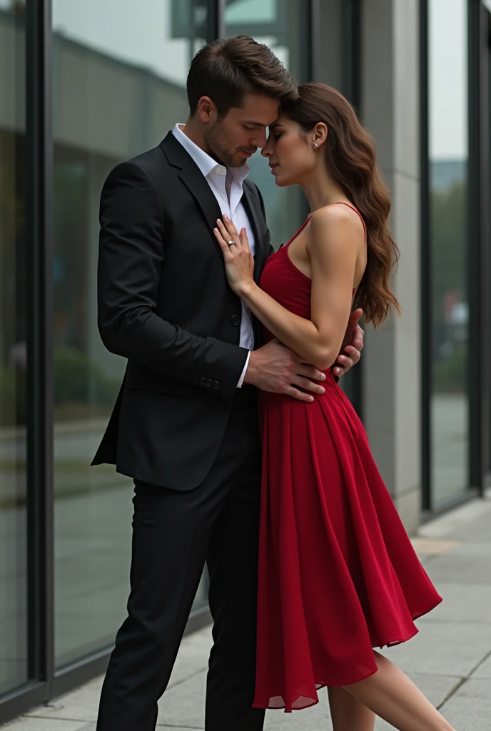 In front of a modern building, a man hugs a woman while at the same time the man holds the hand of another woman who is behind him.