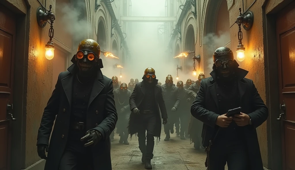 arafed image of a crowd of people with masks in a city, still frame from prometheus, dark fantasy horror art, empty streets, by André François, xenophobia, pale blue faces, small demons, cgi rendering, with multiple eyes, french resistance, necropolis, beds of shadows --auto --s2