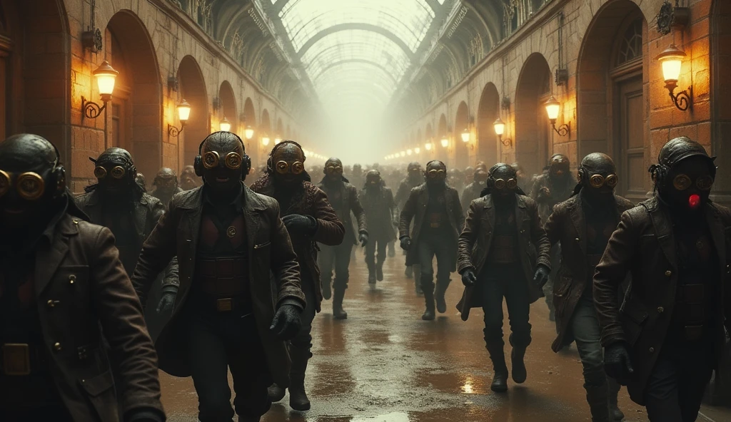 a corridor flanked by people trying to break into the place, They are wearing steampunk clothes and masks, the place is full of shots in the air along with a lot of dust and they are coming towards us