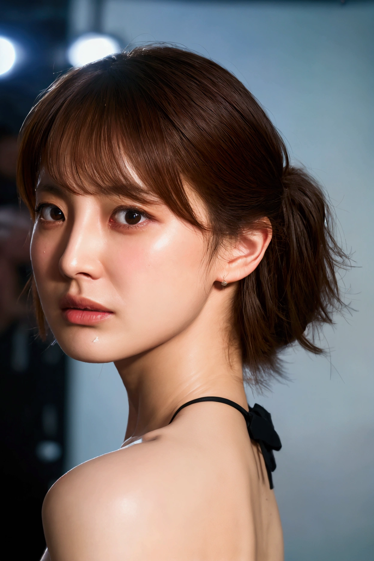 One person, woman, masterpiece, Highest quality, Highest quality, (Volumetric lighting), Very detailed CG unity 8k wallpaper, Concentrated, 8k wallpaper, Very detailed, Ultra-realistic, Realistic, Sharp focus, Absurd, (High resolution:1.2), (High Contrast), photograph, Detailed and complex, Instagram, Portraiture, Very detailed, Digital Painting, Art Station, Concept Art, Smooth, Sharp focus, figure, from behind, looking back, (( cry out, painful expression, glaring)),streaming tears, wearing black bikini, sweat,(angry:0.9),(steam:1.1),