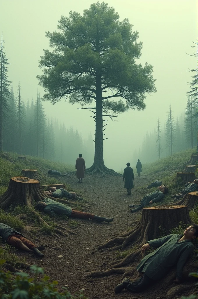 Lots of cut trees and one uncut tree with lots of people dying from lack of oxygen.