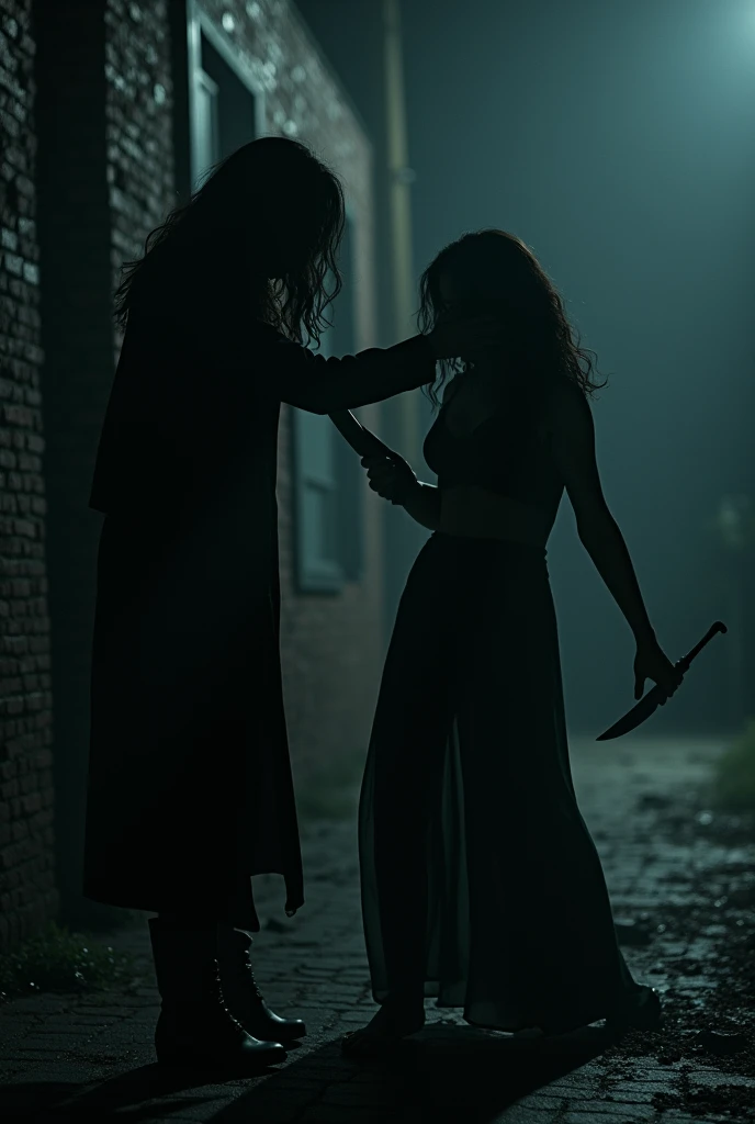 Muscular man wearing a shirt with long shorts Long loose shorts With pockets on the sides with converse sneakers red T-shirt and brown shorts Long short, Normal musculature With beard and baseball cap Realistic musculature In a spectral world in the dark with a flashlight with blue light and a terrifying specter, he has in his control his blonde goth friend in a gothic dress and black lipstick with white eyes