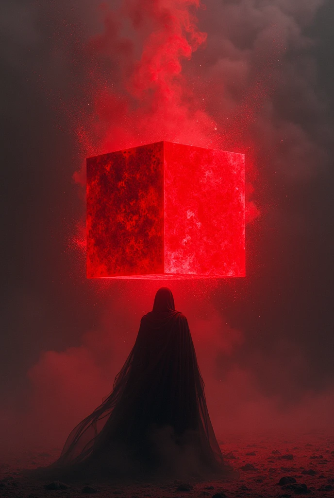Being made of darkness crumbling and being sucked into a glowing red cube, epic and dramatic scene, the cube is the size of a palm
