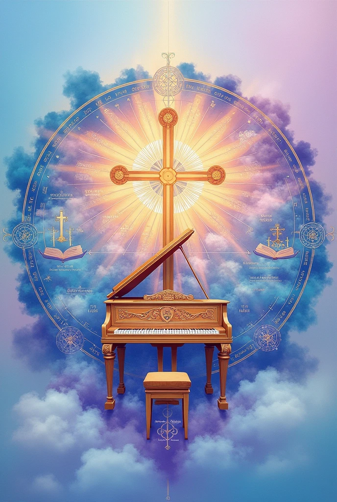 Create a Mandala in which you use pastel and gradient colors like sky blue, purple, White and pink includes objects that highlight being a worshiper of a Christian church such as the piano, The cross and the bible also includes drawings of the topographic study such as measurement of places and location of points.
