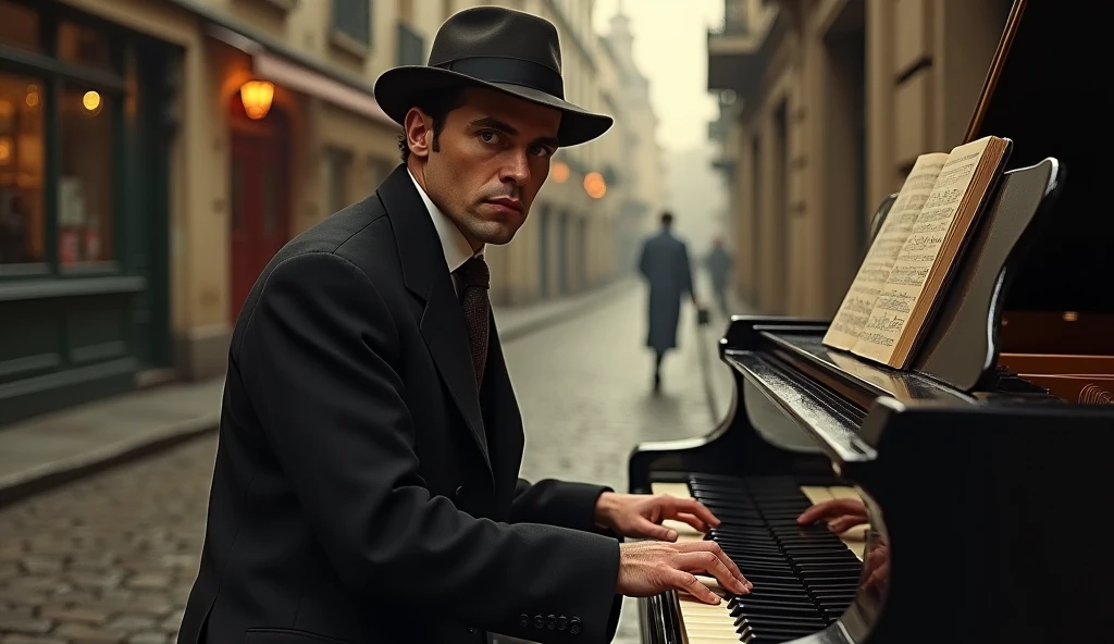 1934, (best quality,4k,8k,highres,masterpiece:1.2),ultra-detailed,(realistic,photorealistic,photo-realistic:1.37),man playing piano on the street in Paris, detailed facial features, beautiful eyes, elegant hands, street scene, vintage fashion, old building, cobblestone road, warm lighting, cinematic atmosphere, moody color palette, dramatic shadows, oil painting, impasto texture