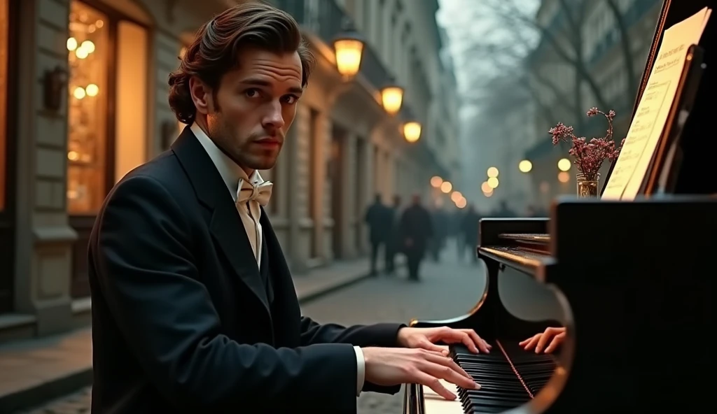 1934, (best quality,4k,8k,highres,masterpiece:1.2),ultra-detailed,(realistic,photorealistic,photo-realistic:1.37),man playing piano on the street in Paris, detailed facial features, beautiful eyes, elegant hands, street scene, vintage fashion, old building, cobblestone road, warm lighting, cinematic atmosphere, moody color palette, dramatic shadows, oil painting, impasto texture