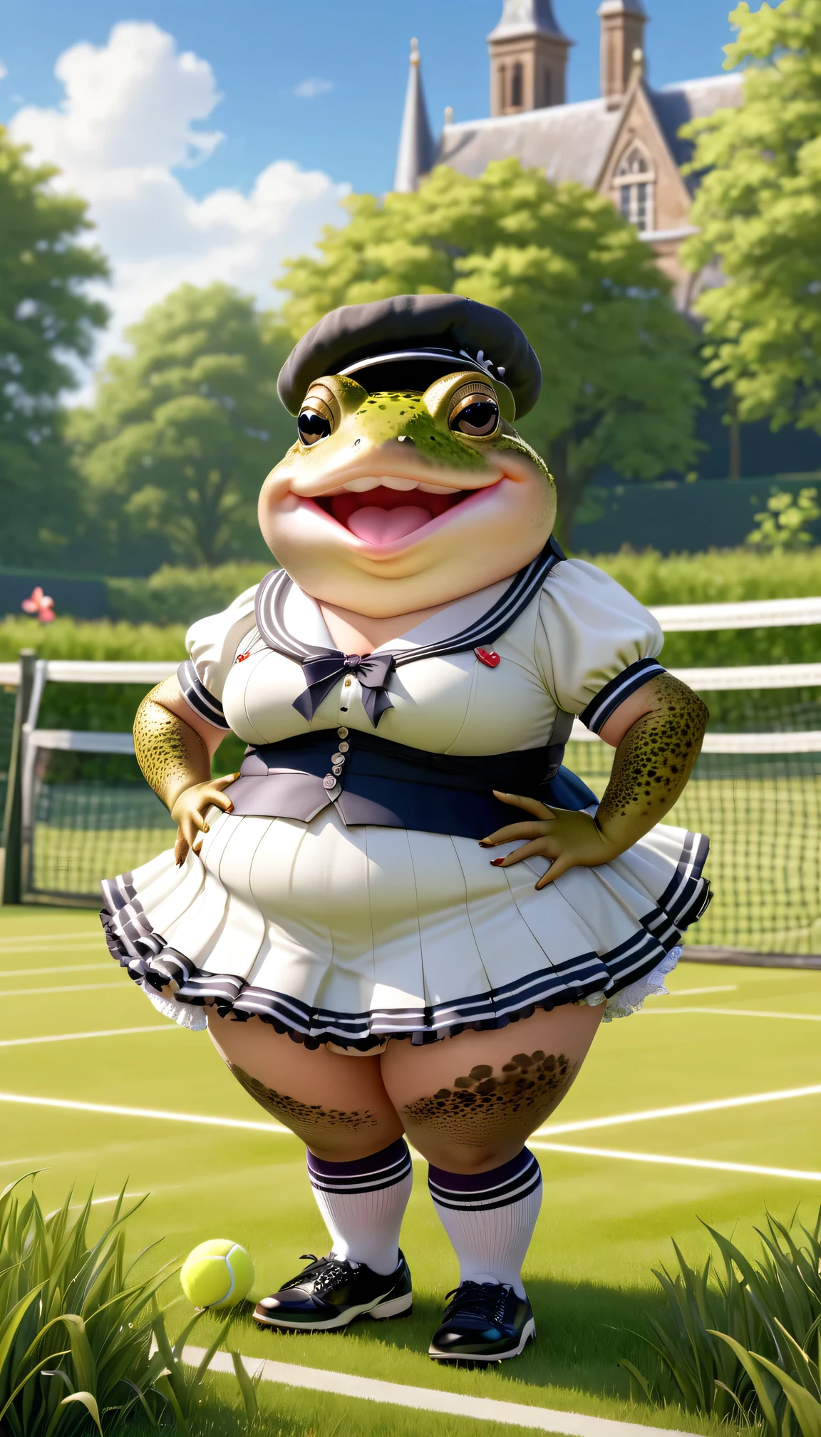 photorealistic portrait of Dressed animals - a ((fat)) (toad) tennis player,(hands on hip:1.5),(happy smile),(elegant pose:1.5), high quality,(lovely smile:1.5) ,intricate detailed frills and ribbon, highly detailed (Gothic & Lolita tennis wear),short skirt, sox and tennis shoes, grass tennis court background, (happy), perfect lighting,(full body image:2.0),score_9, score_8_up, score_7_up, score_6_up, score_5_up, score_4_up,