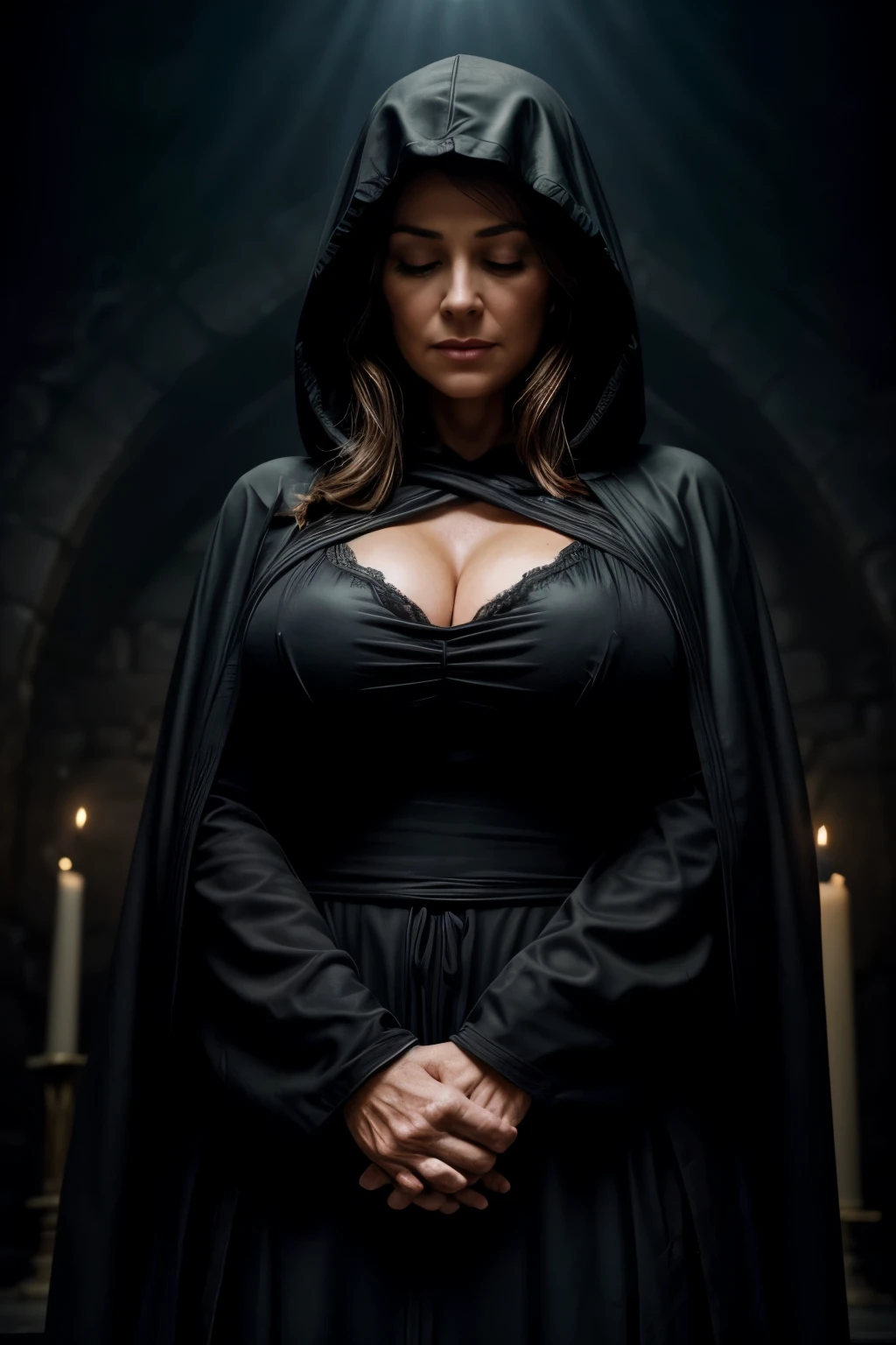 Masterpiece picture, masterpiece portrayal, hi-resolution picture, Ultra-detailed Portrayal, sharp focus, physically based rendering, full body picture of a mid-aged woman. dressed in black hooded robe, deep neckline, cleavage robe, huge round breasts, massive breasts. Closed eyes, open raised hands with concentration, meditation, conjuring and casting a spell. Wearing a black tunic, coven sinister atmosphere. Standing inside a dark cave, ceremonial chamber, room shrouded in an ethereal, ominous fog. Darkness cloaked chamber, crimson embers of flickering torches, casting elongated shadows. Stone altar, solemn presence in front of the altar. Lifted up face, closed eyes, raised hands, prayer. Detailed cave surroundings, dim lighting, ((shallow depth of field)), cinematic, HDR enhancement, pure realism