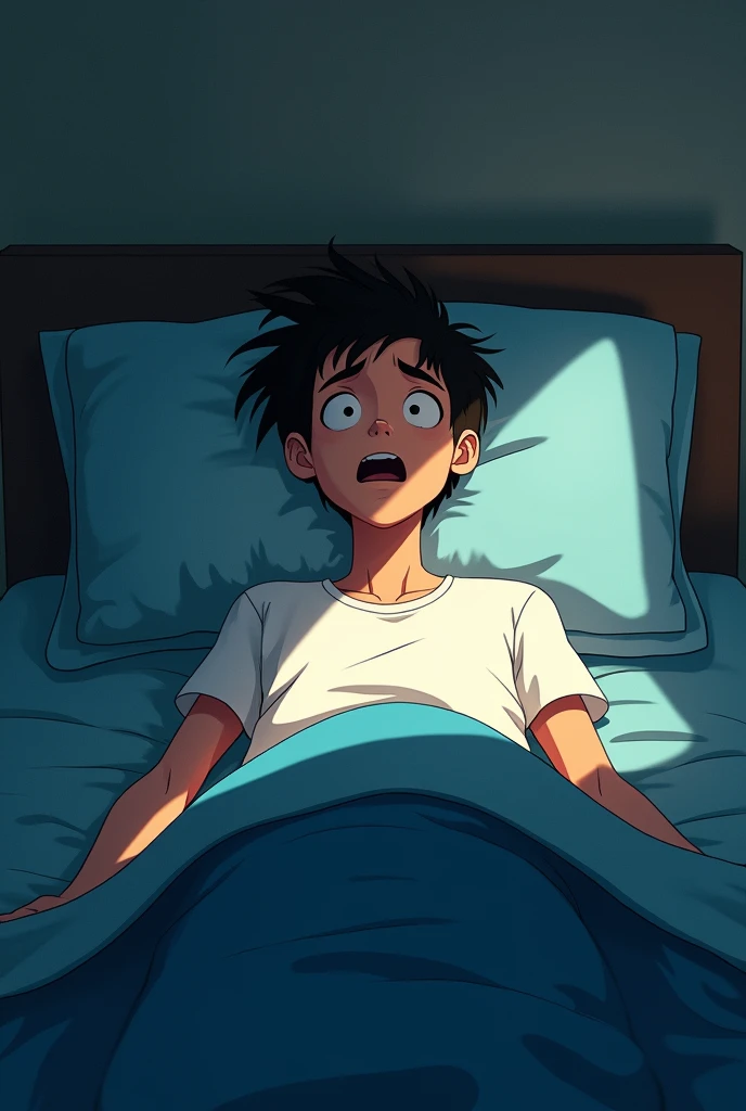 Person waking up scared from bed
