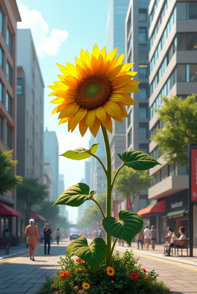 create an image of a sunflower on a city center street