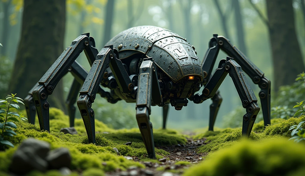 A single-seater robot with a spider-like brain、Detailed skin、Actual item、in the forest、moss、Medieval Armor