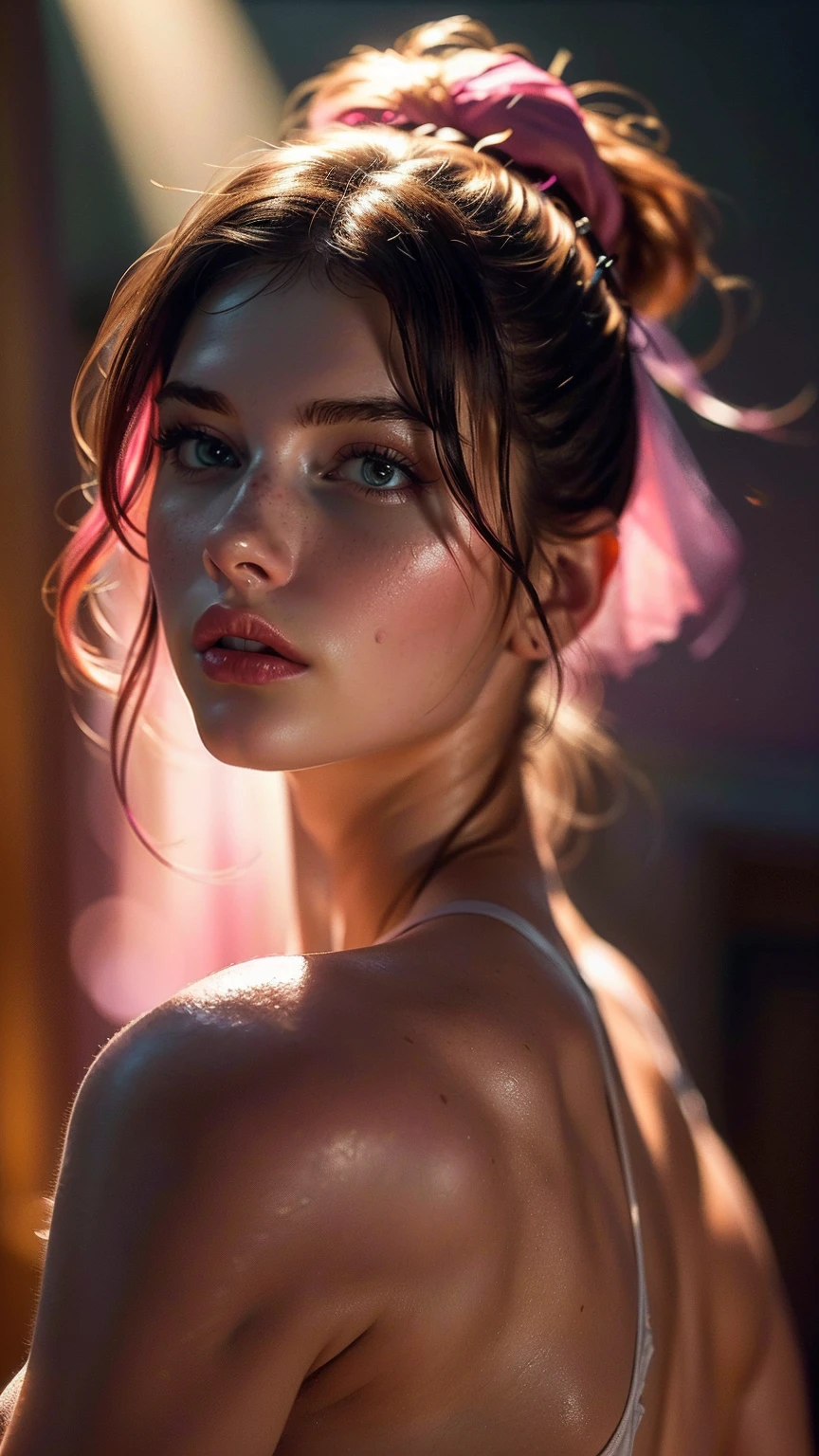 (((ultra realistic))) Photo, masterpiece, top quality, (pale skin), (Ultra detailed face and eyes:1.3), 1 girl, Adult, in a T-shirt, ((Eye makeup, mascara)), ((large detailed lips)), ((Pink волнистые волосы)), ((Chyolka)) , (Natural breasts), Slim waist. ((Posing)), photoshoot, studio (soft lighting), (The play of light and shadows), depth of field, bokeh, (special attention to skin detail: 1.2), Detailed leather texture, skin pores. (Warm atmosphere of the frame. Color range - purple, Pink, Yellow tones), UDR, ((Film grain)), ((rays)), (Glare), ((Photo to the waist, side view)) , ultra detialed,