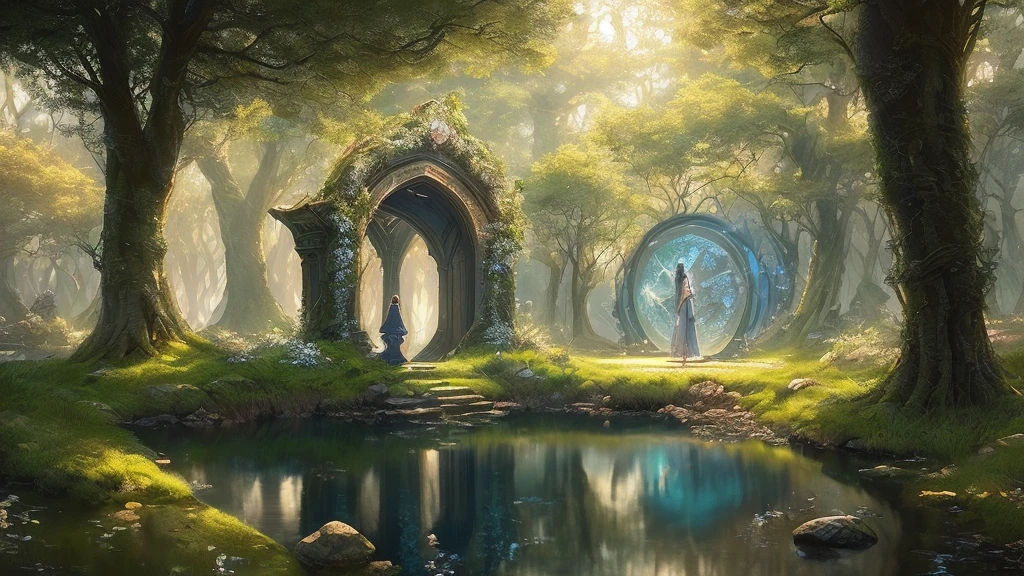 (by Greg Rutkowski: 1.2), ((masterpiece)), ((best quality)), extremely delicate and beautiful, illustration, (a magical portal in the enchanted forest), A mesmerizing fantasy with enchanting elements blending seamlessly. A sense of tranquility and wonder fills the air. 8K post-production, high resolution, hyperdetailed, depth of field, HDR, intricate