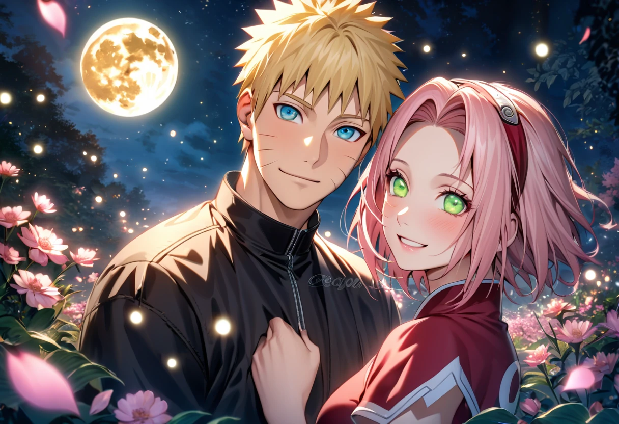 Ultra detailed, highres, absurdres, HDR, Haruno Sakura, pink short hair, green expressive eyes, Uzumaki Naruto, blue expressive eyes, blonde hair, Naruto Shippuden, pink flowers, petals, fireflies, moon, a beautiful woman together with a handsome man, couple, handsome, beautiful, very detailed face and eyes, smiling