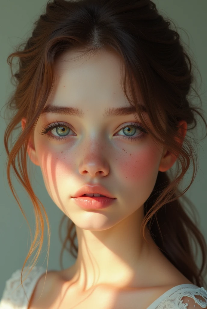 Generates a realistic front-view portrait with lots of lighting of a very white-skinned girl with slightly large pink cheeks., with freckles, showing tenderness, big light blue eyes, small nose, full lips and small mouth, long eyelashes, eyebrows, long and bushy brown, round chin not so marked, with hair up , that does not interfere with your face