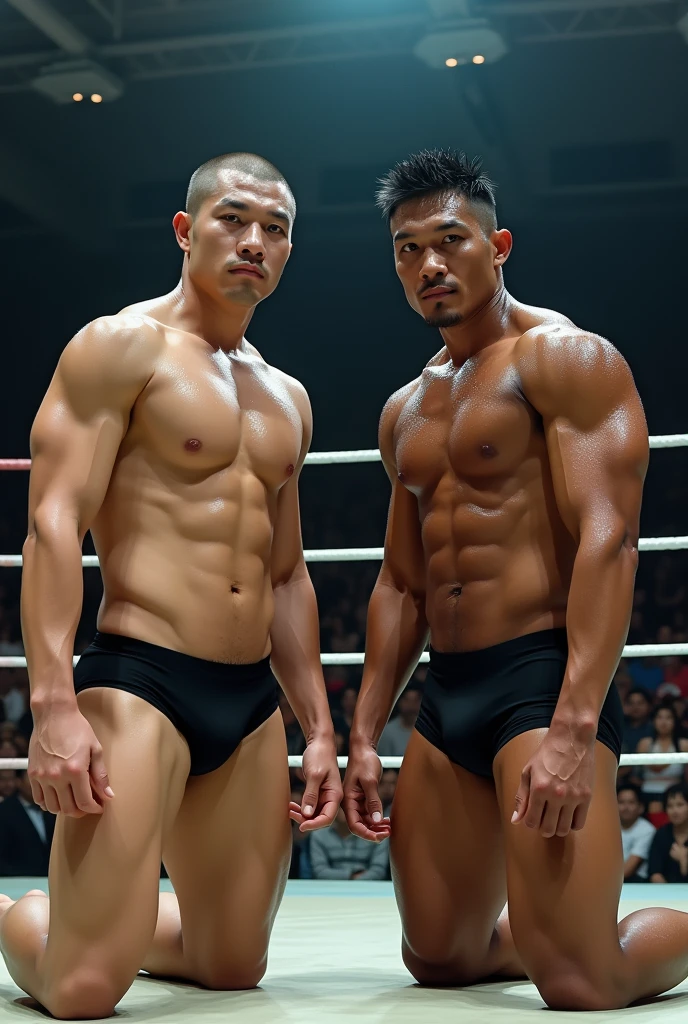 A young Japanese professional wrestler A and a senior Japanese professional wrestler B are in the ring.。They are on the same team。
A is buzzcut and muscular、Wearing short tights。Sweaty。
B is short-haired, muscular, and dark-skinned、Wearing short tights。
A and B put one knee on the ring, raise their arms and strike a macho pose.。
Fujifilm, Looking up from the feet,
