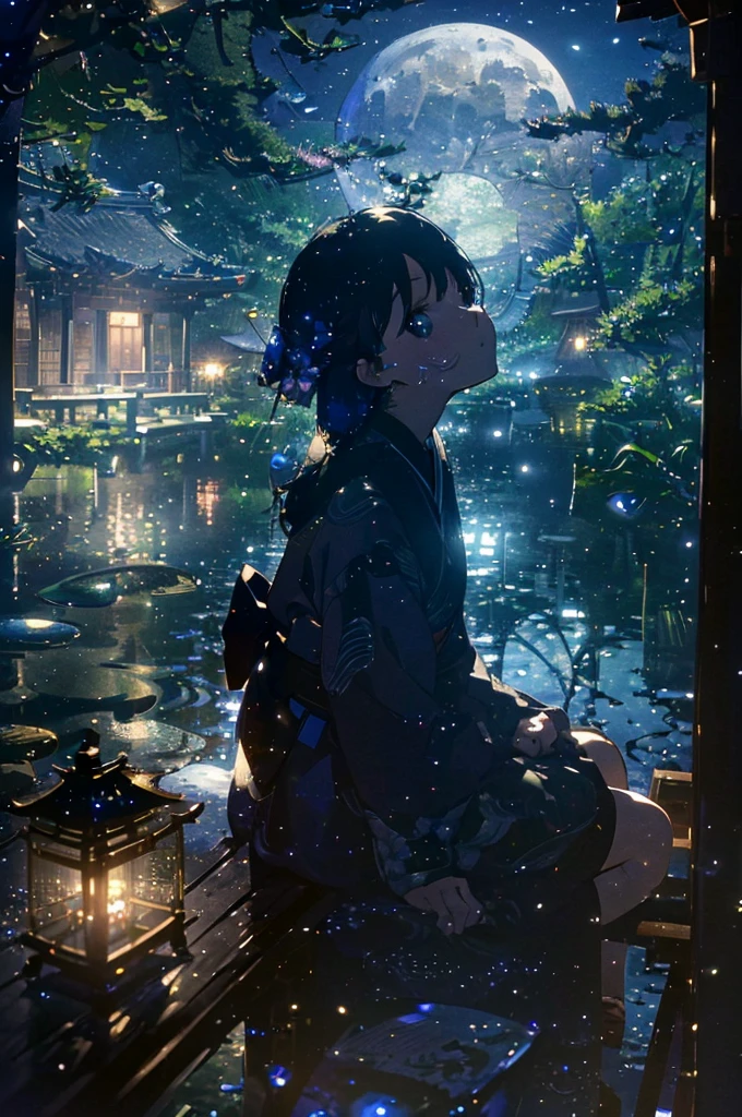 (Official Art、Highest quality、Unity 8k wallpaper、masterpiece、Ultra-detailed、Ultra-high resolution:1.2)、(Highly detailed and intricate 3D rendering)、細部までBeautiful Faceと目、Slender、Medium Bust、(whole body:1.2)、(Side Shot、Looking up at the moon、avert your eyes:1.2)、Fireflies are flying、(Mysterious、moonlight)、Beautiful Face、Blurred Background、20 year old beautiful girl、Japanese garden、Cowboy Shot、Sitting on the porch、Full moon in the sky、Wearing a kimono