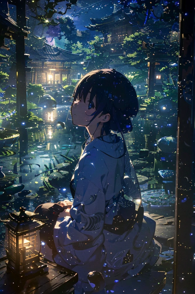(Official Art、Highest quality、Unity 8k wallpaper、masterpiece、Ultra-detailed、Ultra-high resolution:1.2)、(Highly detailed and intricate 3D rendering)、細部までBeautiful Faceと目、Slender、Medium Bust、(whole body:1.2)、(Side Shot、Looking up at the moon、avert your eyes:1.2)、Fireflies are flying、(Mysterious、moonlight)、Beautiful Face、Blurred Background、20 year old beautiful girl、Japanese garden、Cowboy Shot、Sitting on the porch、Full moon in the sky、Wearing a kimono