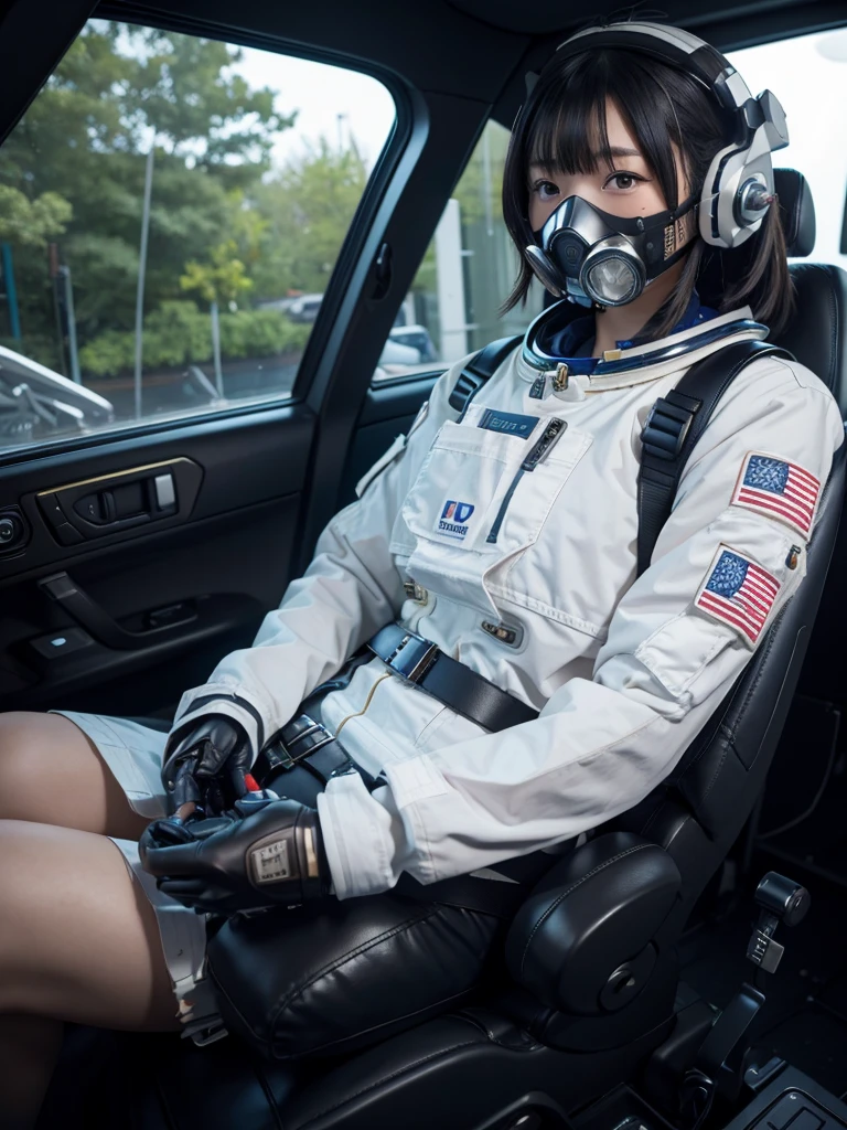 masterpiece, Highest quality, Very detailed, Japanese Android girl, Beautiful 2 Japanese woman, Plump,Control panel,Android,cyborg,Blunt bangs,Sitting in the cockpit of a spaceship and piloting it,The control stick is in the center of the seat.,astronaut,Restrained to the seat by a thick harness,Full-face helmet,Gas mask with regulator,
