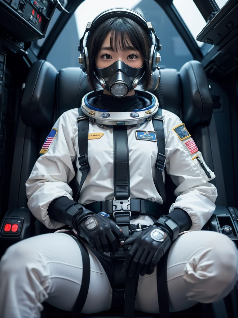 masterpiece, Highest quality, Very detailed, Japanese Android girl, Beautiful 2 Japanese woman, Plump,Control panel,Android,cyborg,Blunt bangs,Sitting in the cockpit of a spaceship and piloting it,The control stick is in the center of the seat.,astronaut,Restrained to the seat by a thick harness,Full-face helmet,Gas mask with regulator,