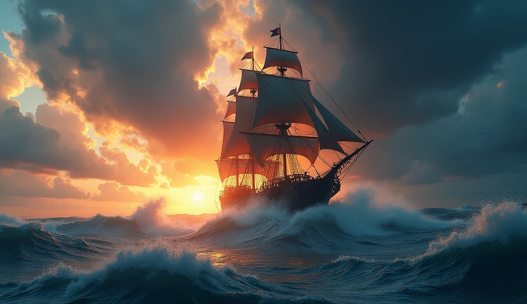 a pirate ship sinking in the ocean, massive fire, highly detailed, cinematic lighting, dramatic storm clouds, crashing waves, dramatic sky, vibrant colors, realistic rendering, unreal engine, 8k, award winning CGI, stunning realistic environment, epic scale, moody atmosphere, chiaroscuro lighting, volumetric fog, god rays, dramatic camera angle, photorealistic, hyperdetailed