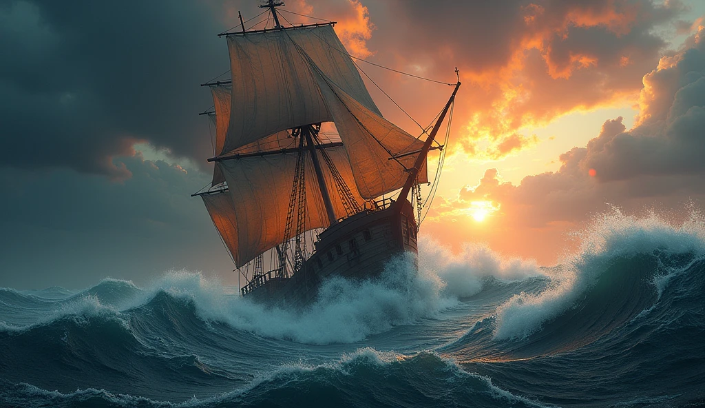 a pirate ship sinking in the ocean, massive fire, highly detailed, cinematic lighting, dramatic storm clouds, crashing waves, dramatic sky, vibrant colors, realistic rendering, unreal engine, 8k, award winning CGI, stunning realistic environment, epic scale, moody atmosphere, chiaroscuro lighting, volumetric fog, god rays, dramatic camera angle, photorealistic, hyperdetailed