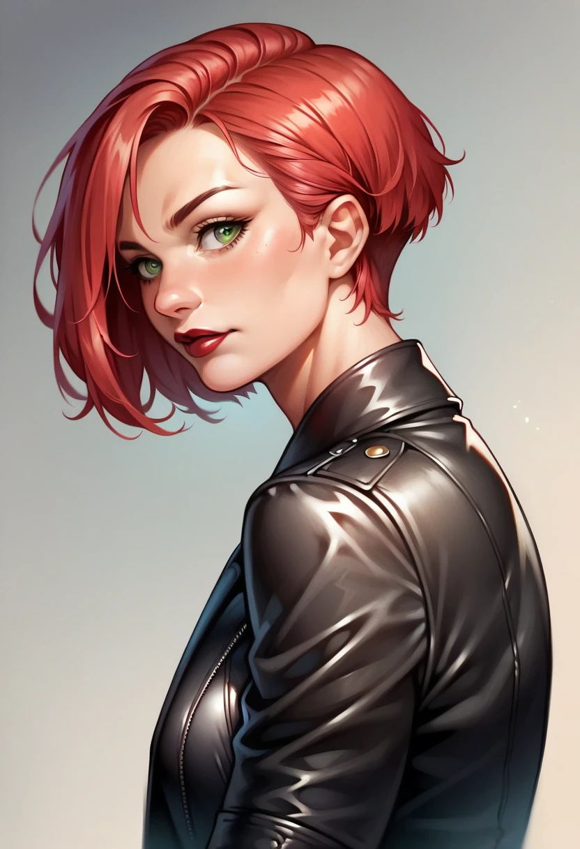 (high-level image quality), (high quality), (high resolution), (detailed), (masterpiece), beautiful woman, ((caucasian)), green eyes, red hair, short hair, dark red lipstick, black top, leather jacket, leather pants, portrait, side view, confident