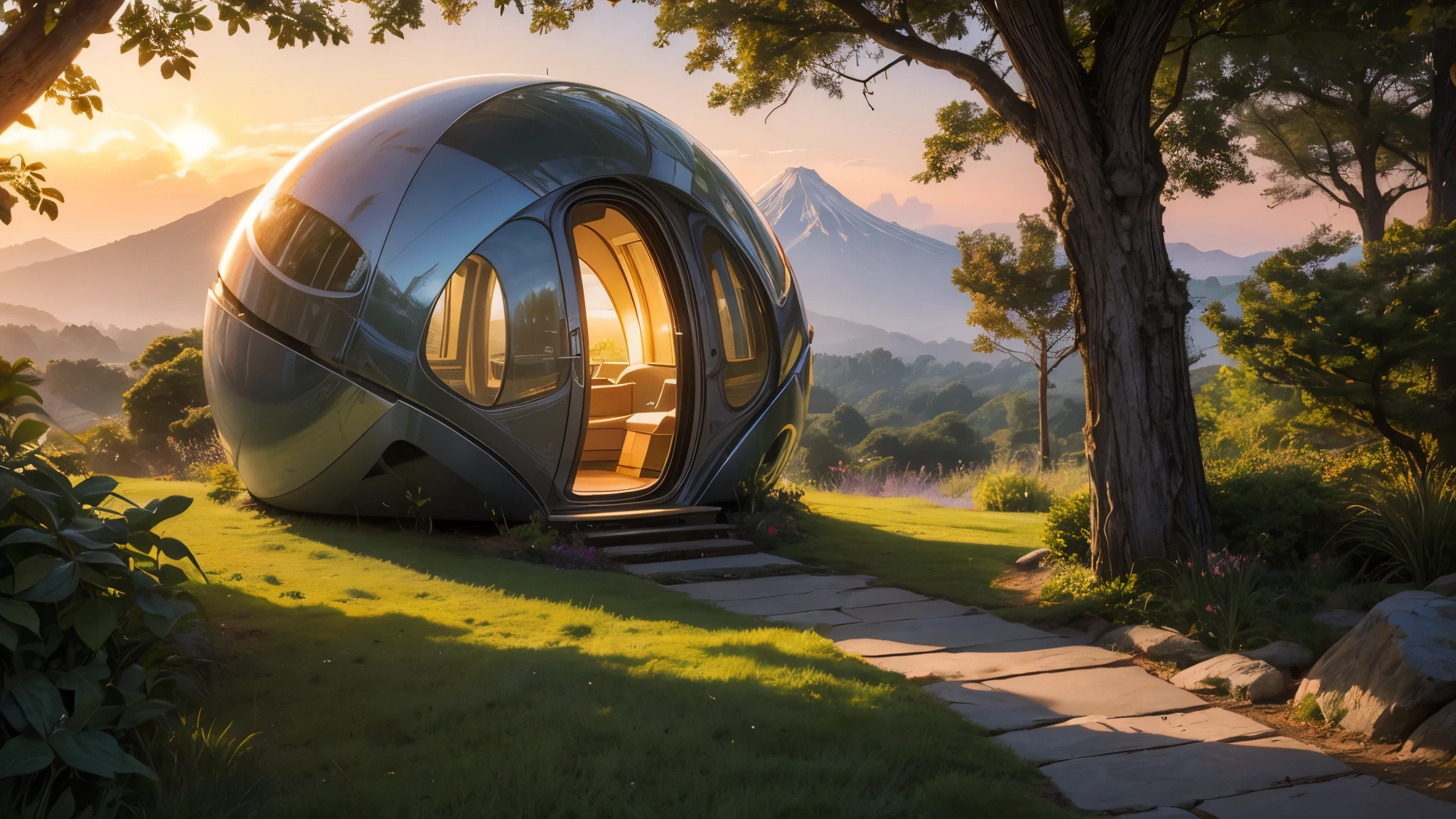 a futuristic pod home in a japanese garden, fairytale view with dramatic mountain range, rocks plants flowers shrubs bushes trees moss lawns grass mushrooms fireflies,colourful sunset and strong sunbeams,very hazy,extreme details,photorealistic,4k,HD,beautiful,nature, dreamy, low shot,ground level photo, good luminosity, high ambience